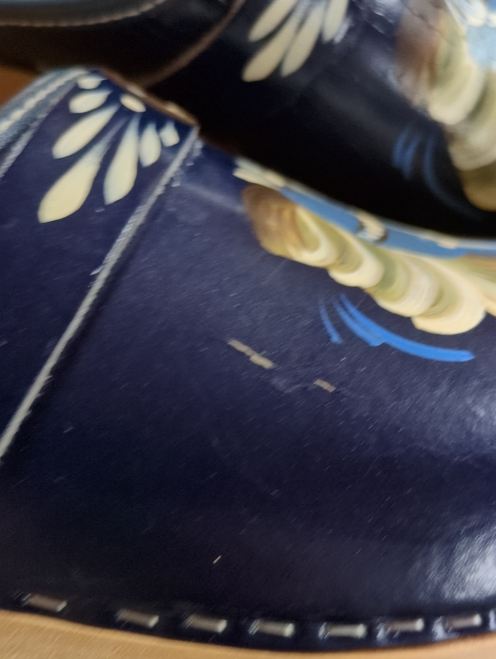 Swedish Wooden Clogs Navy Floral Hand-Painted Leather Size 37 - Picture 10 of 12